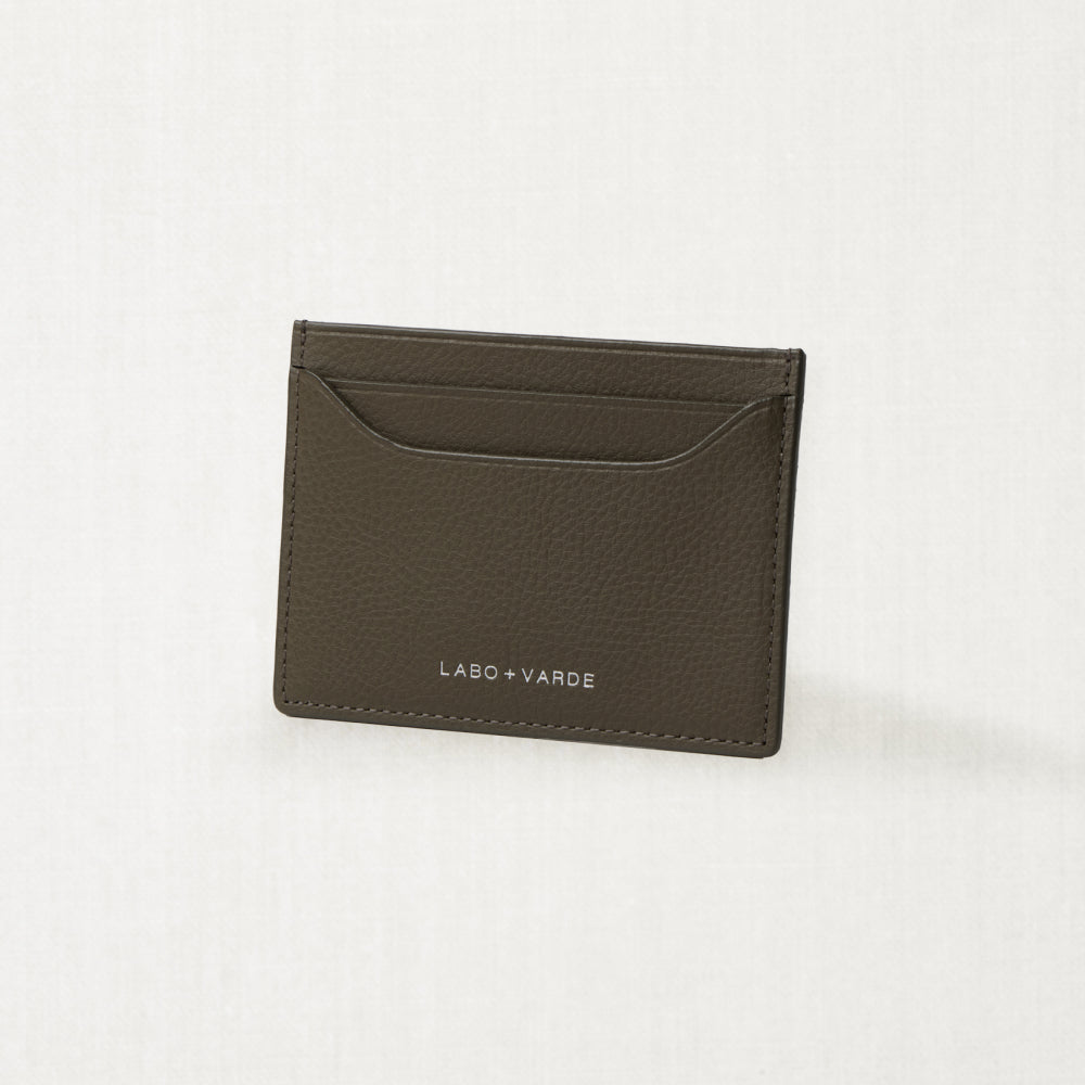 Labovarde Slim Card Wallet in Etoupe — Front perspective view of the wallet showing the brand logo on a white background