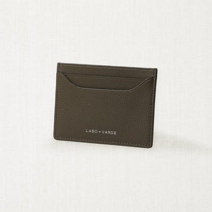 Labovarde Slim Card Wallet in Etoupe — Front perspective view of the wallet showing the brand logo on a white background