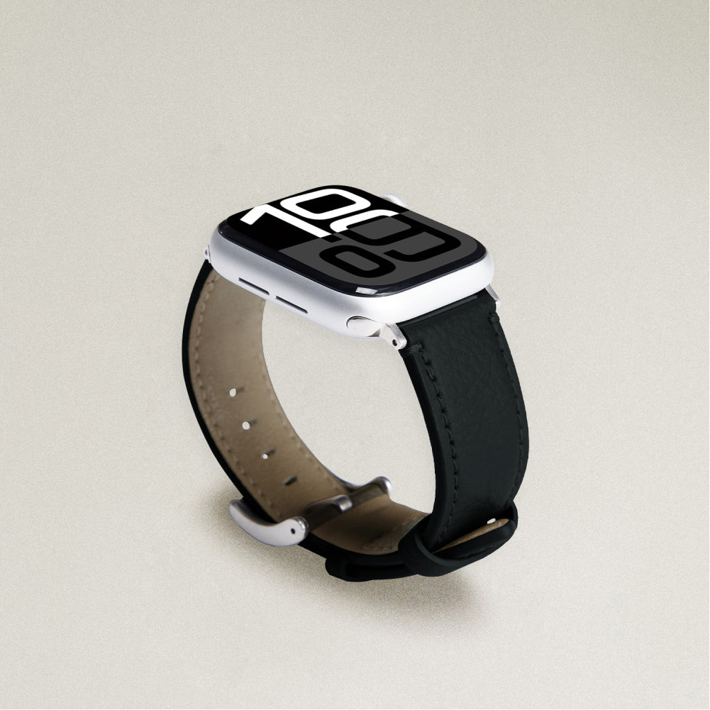 Labovarde Apple Watch band in Black — angled view showing the beige lining and silver buckle