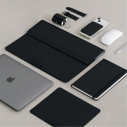Labovarde Laptop Stand Case in Black — Flat lay view with coordinating minimalist desk accessories