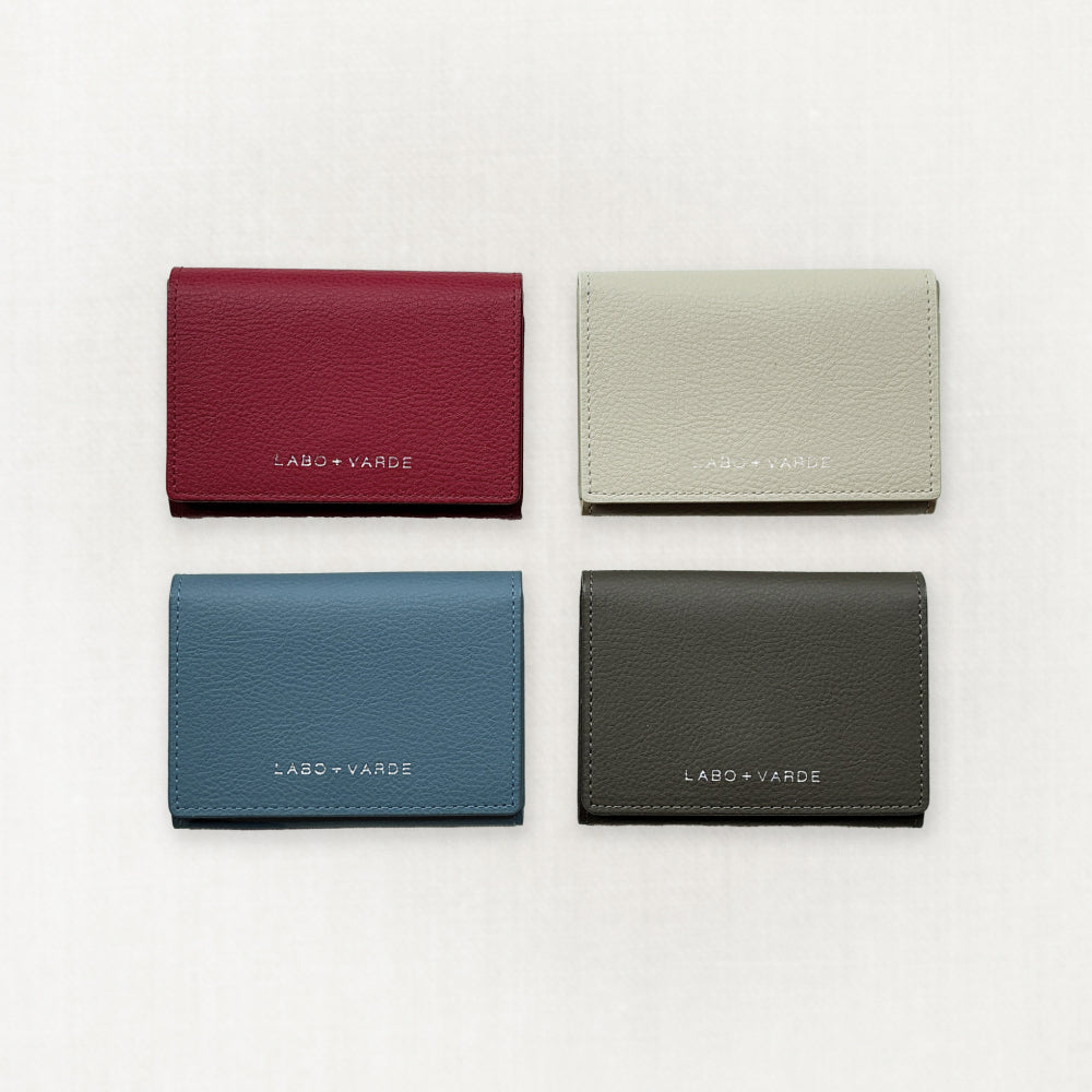 Labovarde Business Card Holder in 4 colors — Top-down view showing in red, light yellow, pale blue, etoupe