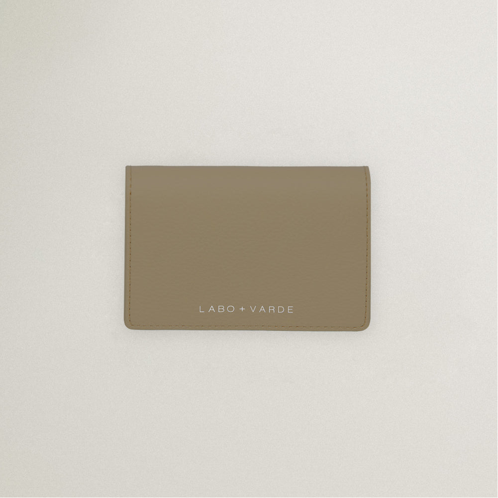 Labovarde Business Card Holder in Camel Brown — Top-down view showing the silver debossed logo