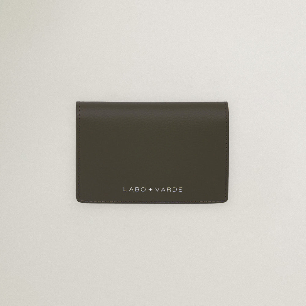 Labovarde Business Card Holder in Etoupe — Top-down view showing the silver debossed logo