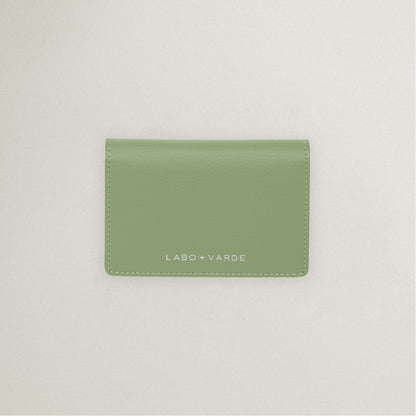 Labovarde Business Card Holder in Sage Green — Top-down view showing the silver debossed logo