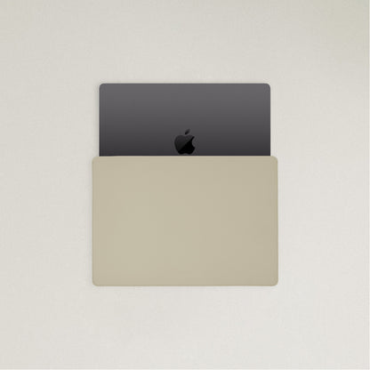 Labovarde Laptop Sleeve in Sand Gray — Top view with a space gray MacBook partially inserted to show the sleek fit