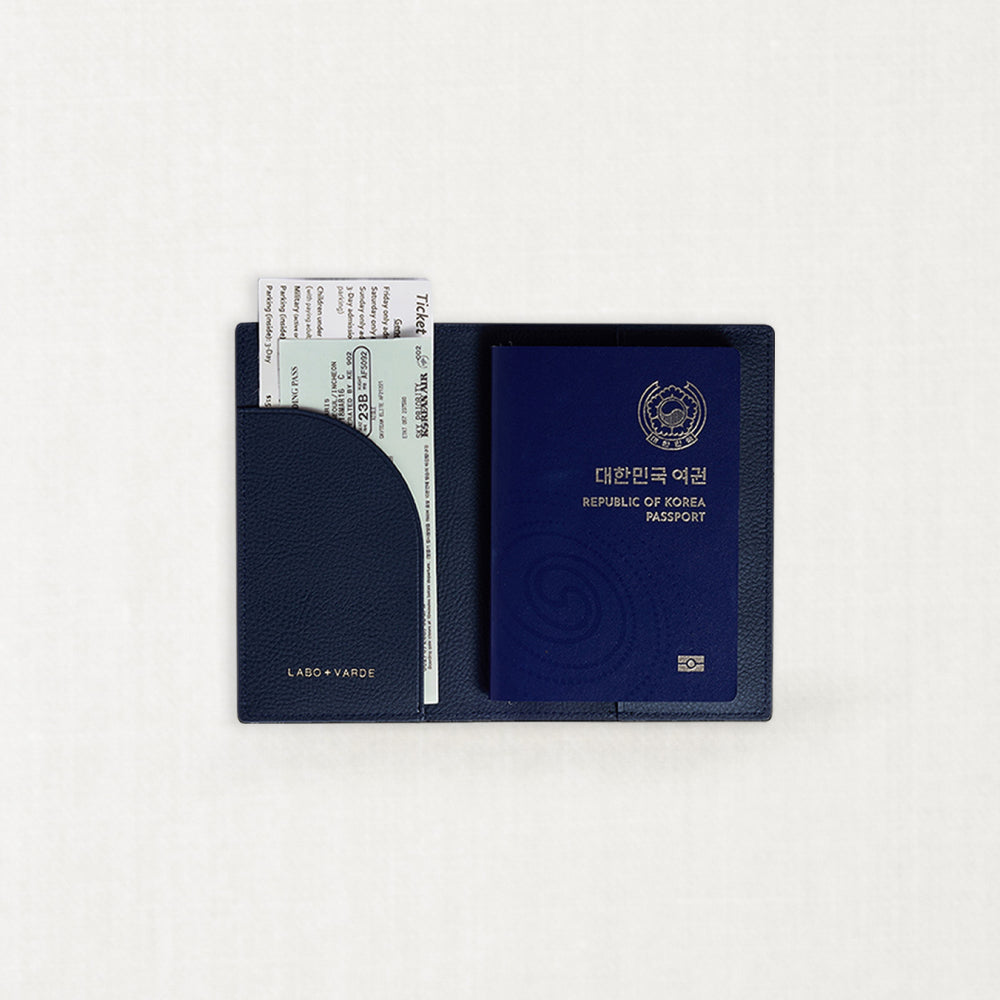 Labovarde Passport Case — front view of Navy Color showing South Korea passport and Tickets in Case on a white Background