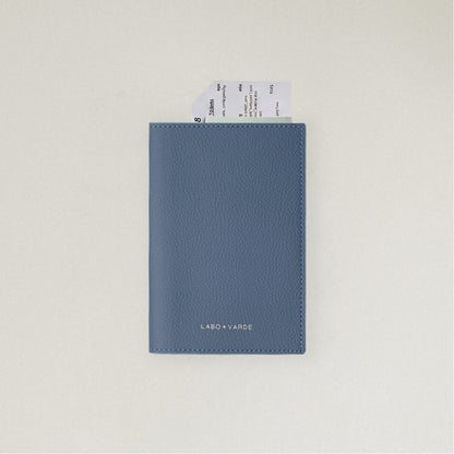Labovarde Passport Case in Pale Blue — front view showing passport cover and Tickets in Case on a white Background