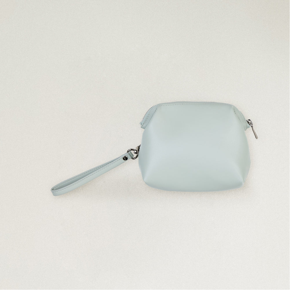 Labovarde Shell Pouch Bag in Clear Blue — Clean front view highlighting the top zipper closure and convenient wristlet strap.