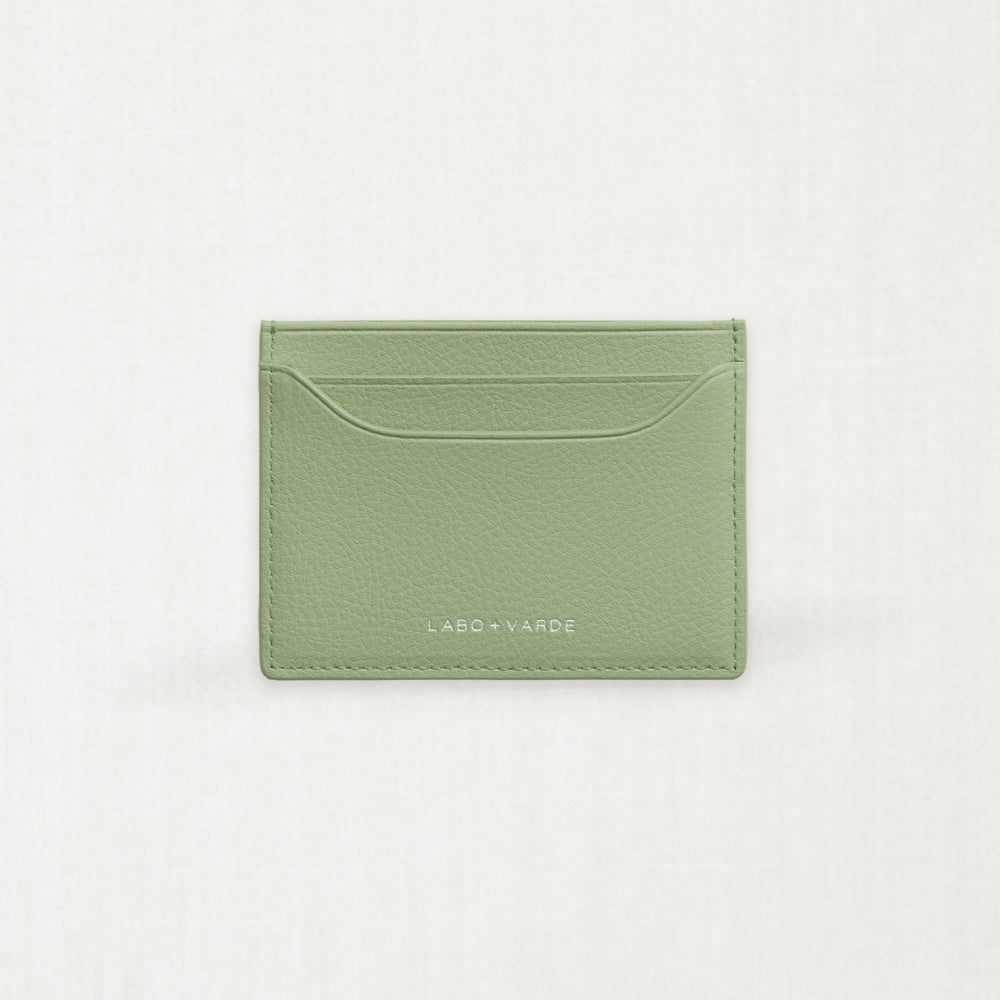 Labovarde Slim Card Wallet in Sage-Green — Front view showing the card slots and silver debossed logo