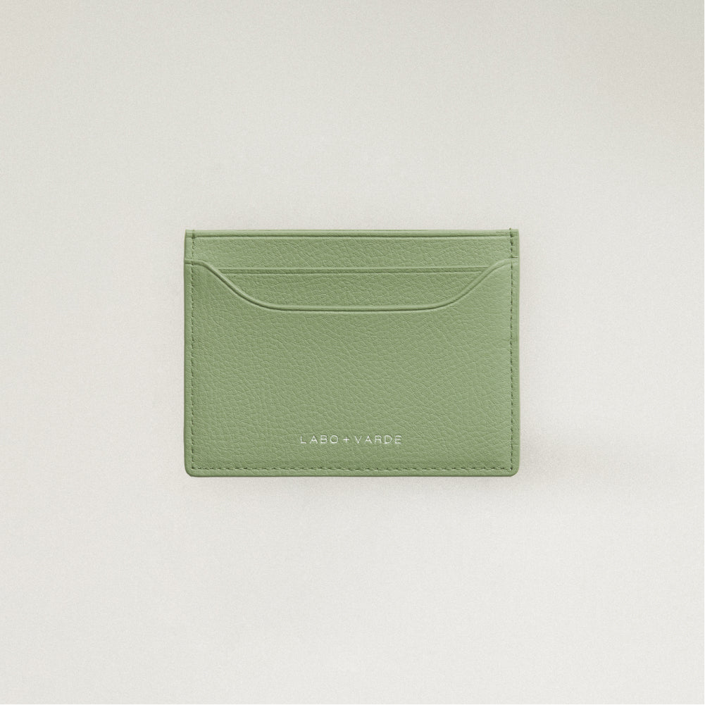 Labovarde Slim Card Wallet in Sage Green— Front view showing the card slots and silver debossed logo