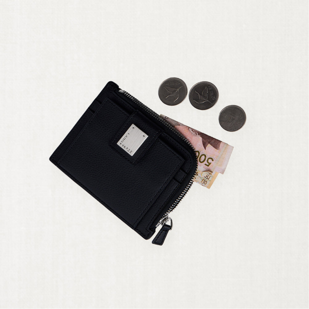 Labovarde Zipper Card Wallet in Black — Flat lay view of the open zipper card wallet with bill and coins