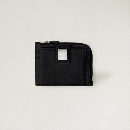 Labovarde Zipper Card Wallet in Black— Front view highlighting the signature silver metal plate and zipper closure